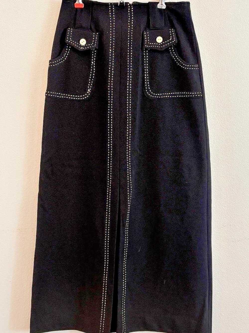 Tall and Elegant 1960s Mod Black Vintage Skirt Tall 30in Waist L Contrast Stitch